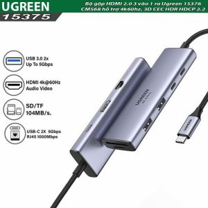 UGREEN 15375 BỘ CHUYỂN 9 IN 1 USB-C SANG 2*USB-C + RJ45 GIGABIT + HDMI 4K60HZ + PD + SD + TF + 2*USB3.0 CM498 20015375
