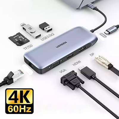 HUB USB Type-C 11 in 1 Ugreen 70305 HDMI/Displayport 4K@60Hz + VGA (Hỗ trợ xuất hình đồng loạt HDMI/ DP/ VGA)