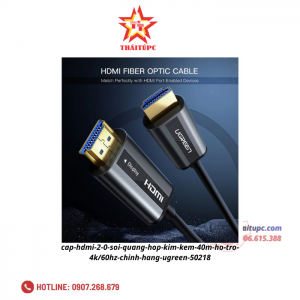 Cáp HDMI 2.0 sợi quang hợp kim kẽm 40m hỗ trợ 4K/60Hz chính hãng Ugreen 50218