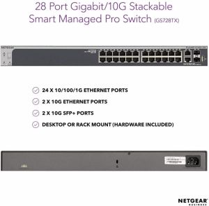 Switch NetGear GS728TX: S3300-28X 28-Port Gigabit Ethernet Stackable Smart Managed Pro Switch with 2 Copper 10G and 2 SFP+ 10G Ports