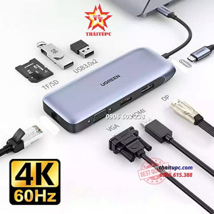 HUB USB Type-C 11 in 1 Ugreen 70305 HDMI/Displayport 4K@60Hz + VGA (Hỗ trợ xuất hình đồng loạt HDMI/ DP/ VGA)