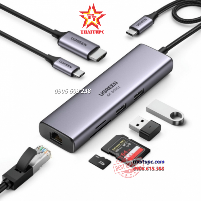 THIẾT BỊ MỞ RỘNG 7 IN 1 USB TYPE-C RA HDMI 4K@60HZ/USB/LAN GIGABIT/PD100W/SD/TF UGREEN 60515 CAO CẤP