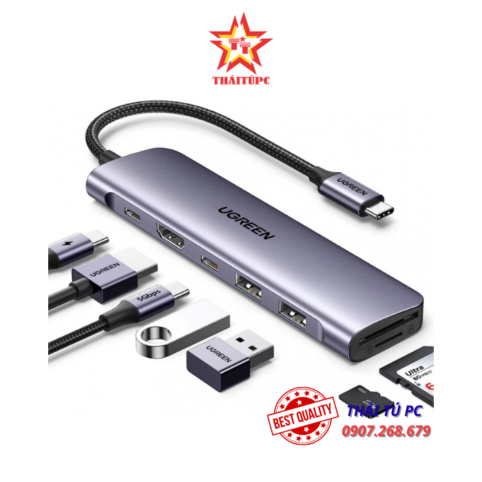 BỘ CHUYỂN TYPE C TO HDMI 4K@30HZ + 2 X USB 3.0 + USB-C + SD&TF + PD UGREEN 15214 BỘ CHUYỂN TYPE C TO HDMI 4K@30HZ + 2 X USB 3.0 + USB-C + SD&TF + PD UGREEN 15214