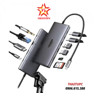 Hub Type C 11 cổng Ugreen 45520 – Bộ chuyển mở rộng cổng USB-C đa năng hỗ trợ 4K@60Hz HDMI, VGA 1080p, PD 100W, Ethernet, USB-A/C 10Gbps, khe thẻ SD/TF, jack 3.5mm